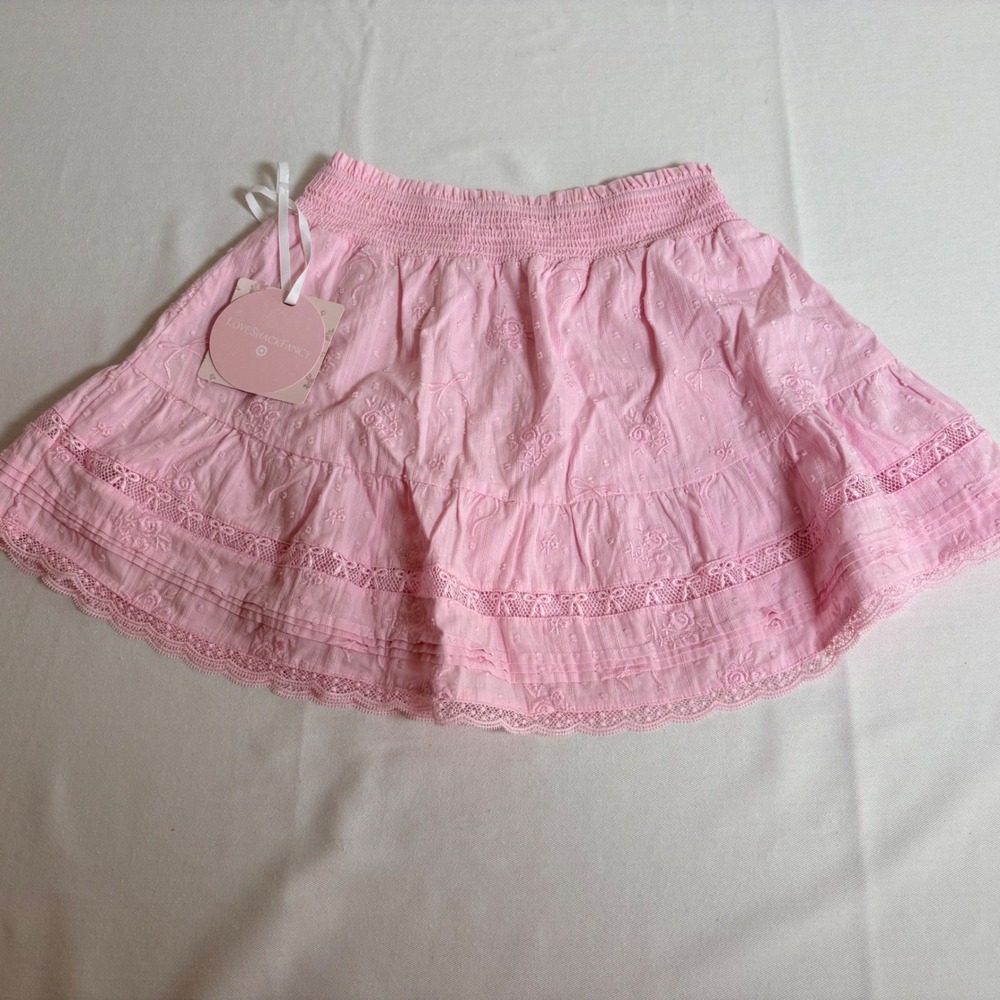 LoveShackFancy Target Skirt age 12 Pink NEW Eyelet Lace Tiered Smocked Mini
